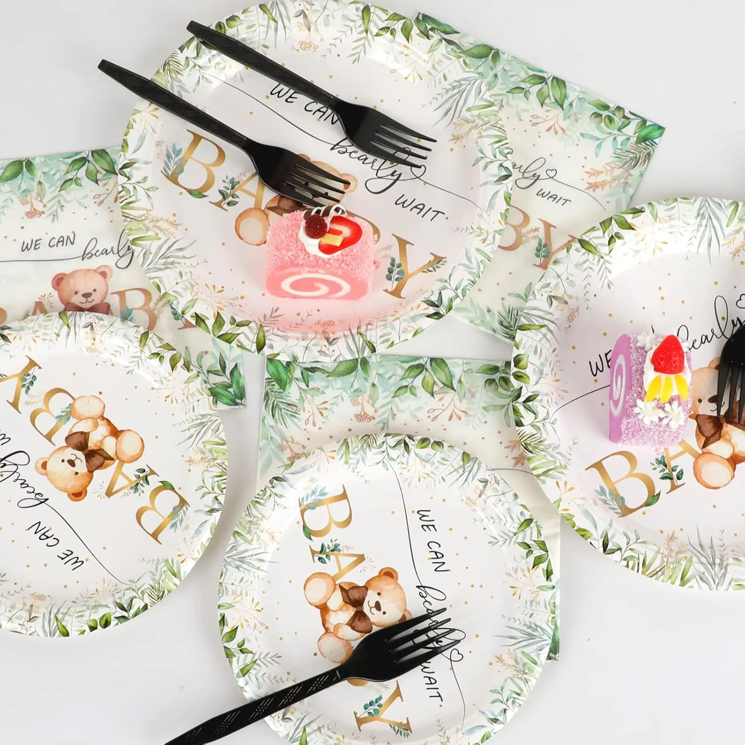 Tevxj 96PCS Sage Green Bear Baby Shower Teddy Tableware Set We Can Bearly Wait Paper Plates Greenery Bear Party Plates Napkins Forks for Boy Gender Reveal Neutral Party Decorations Supplies 24 Guests