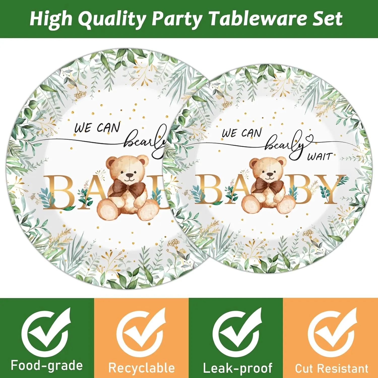 Tevxj 96PCS Sage Green Bear Baby Shower Teddy Tableware Set We Can Bearly Wait Paper Plates Greenery Bear Party Plates Napkins Forks for Boy Gender Reveal Neutral Party Decorations Supplies 24 Guests