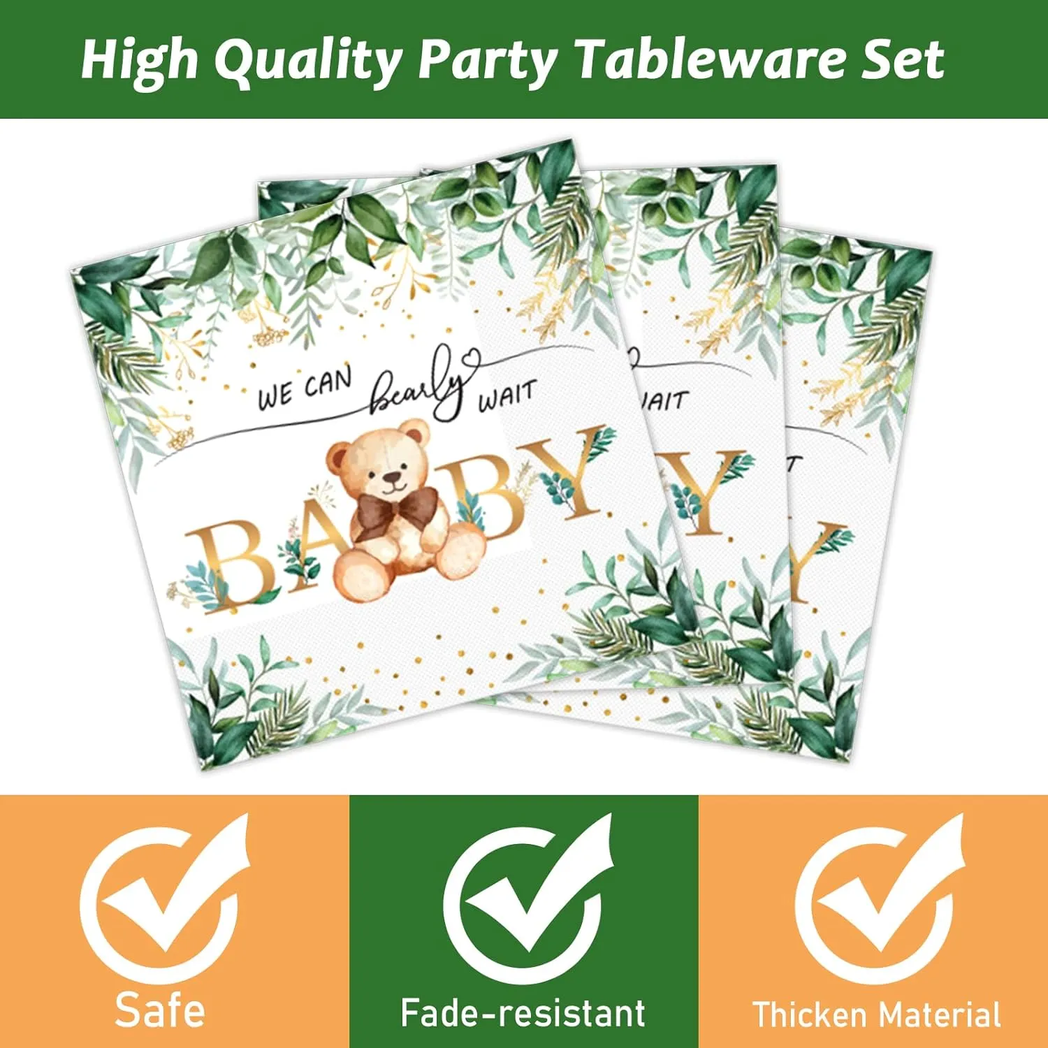 Tevxj 96PCS Sage Green Bear Baby Shower Teddy Tableware Set We Can Bearly Wait Paper Plates Greenery Bear Party Plates Napkins Forks for Boy Gender Reveal Neutral Party Decorations Supplies 24 Guests