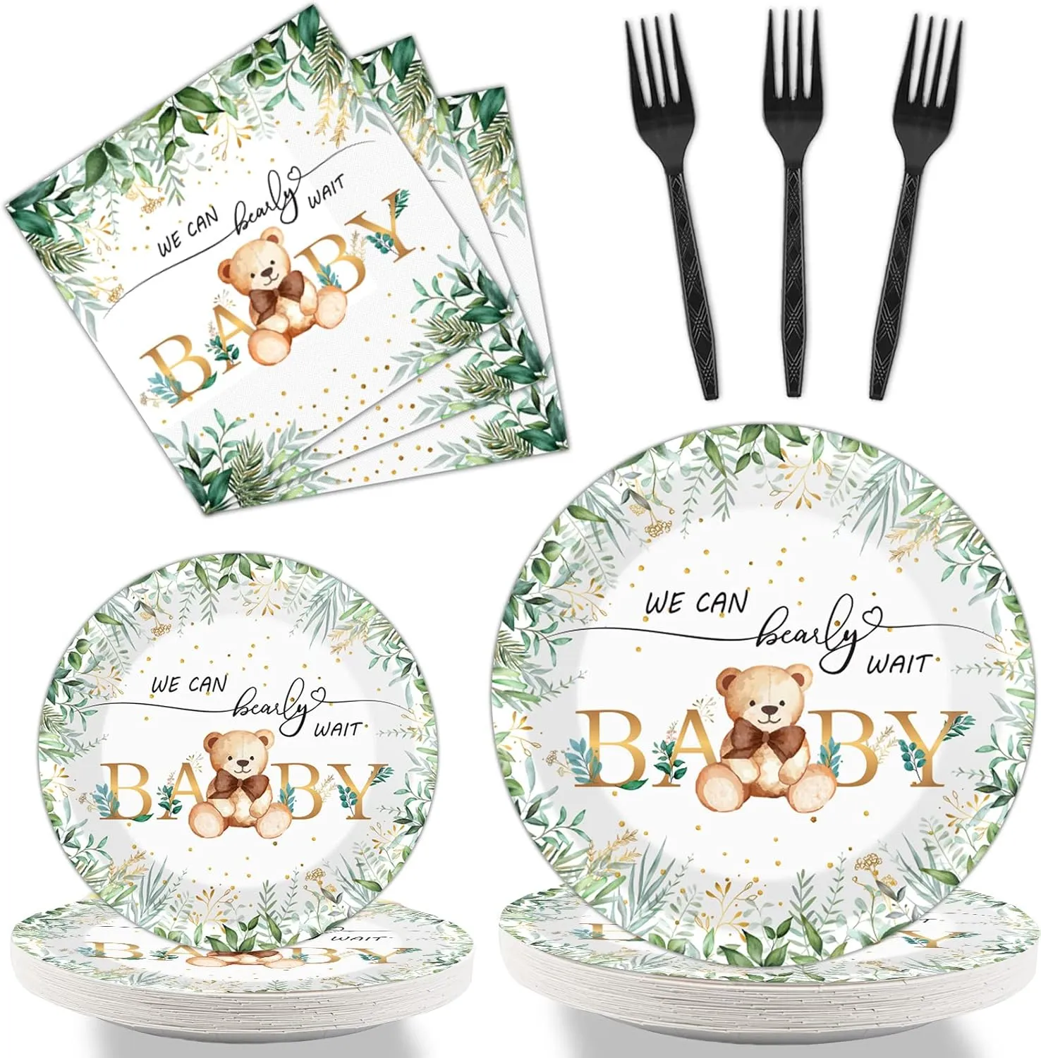 Tevxj 96PCS Sage Green Bear Baby Shower Teddy Tableware Set We Can Bearly Wait Paper Plates Greenery Bear Party Plates Napkins Forks for Boy Gender Reveal Neutral Party Decorations Supplies 24 Guests