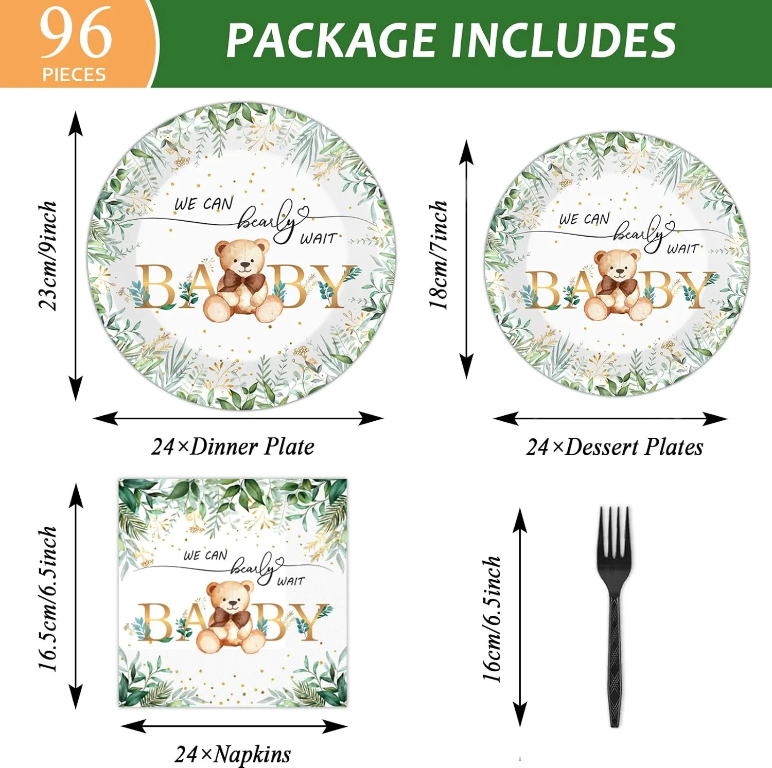 Tevxj 96PCS Sage Green Bear Baby Shower Teddy Tableware Set We Can Bearly Wait Paper Plates Greenery Bear Party Plates Napkins Forks for Boy Gender Reveal Neutral Party Decorations Supplies 24 Guests
