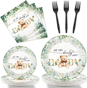 Tevxj 96PCS Sage Green Bear Baby Shower Teddy Tableware Set We Can Bearly Wait Paper Plates Greenery Bear Party Plates Napkins Forks for Boy Gender Reveal Neutral Party Decorations Supplies 24 Guests