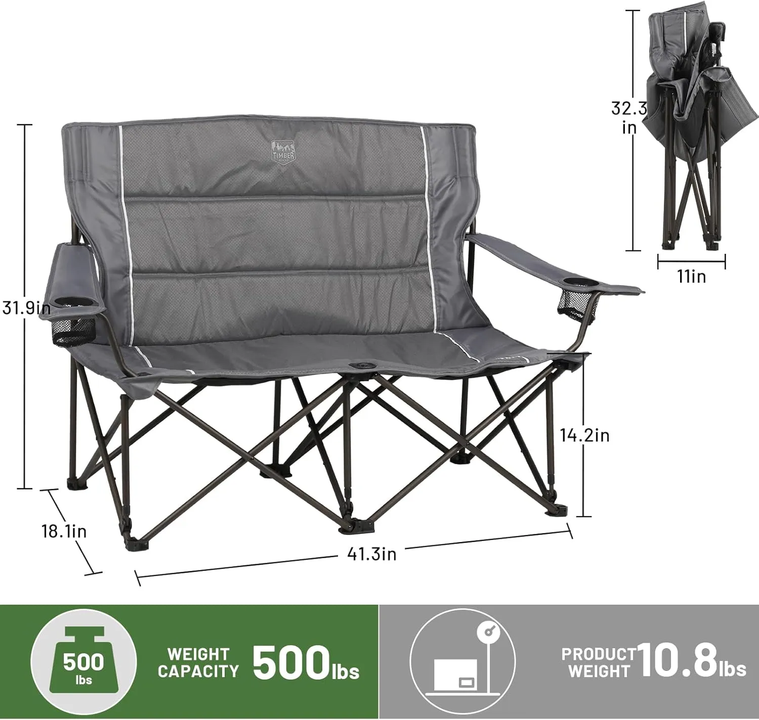 TIMBER RIDGE 2 Person Folding Loveseat Comfortable Double Foldable Camping Chair Folding Lawn chairs for Outside, Grey