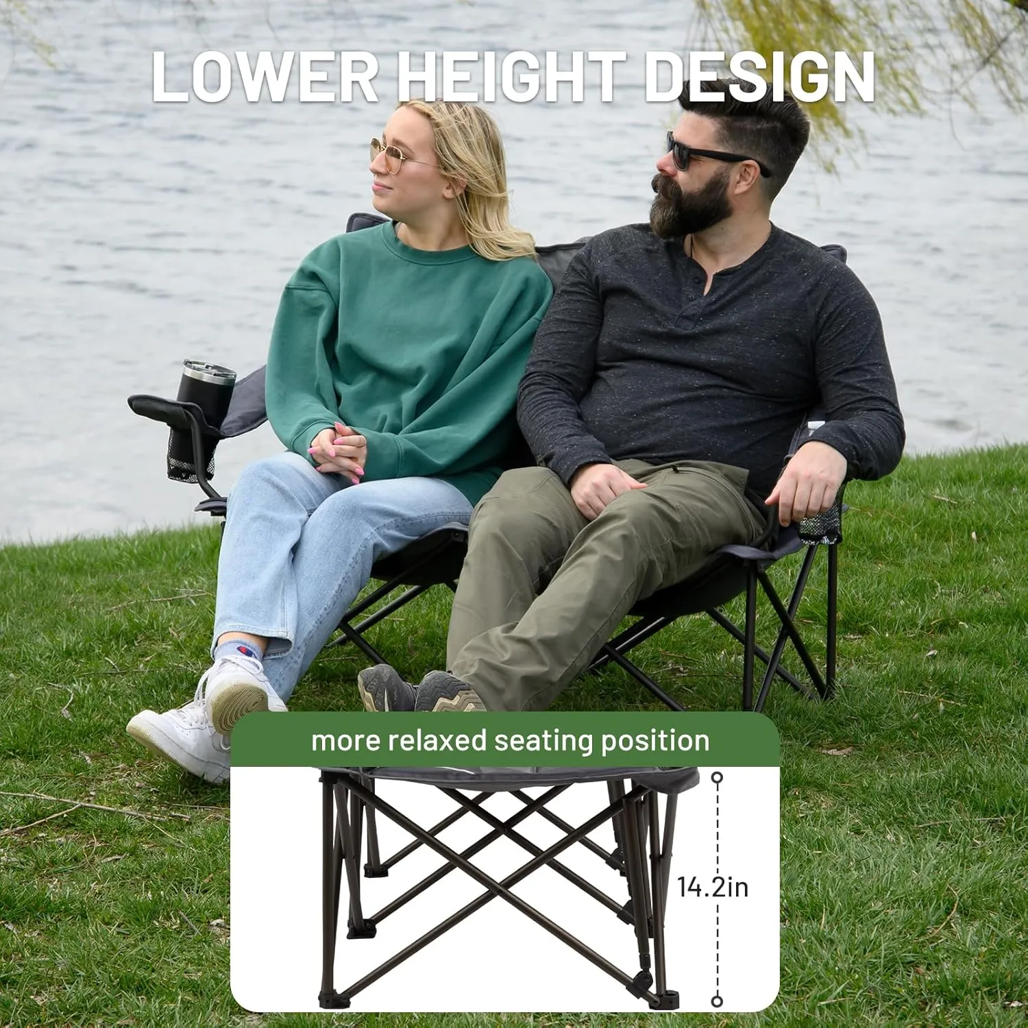 TIMBER RIDGE 2 Person Folding Loveseat Comfortable Double Foldable Camping Chair Folding Lawn chairs for Outside, Grey