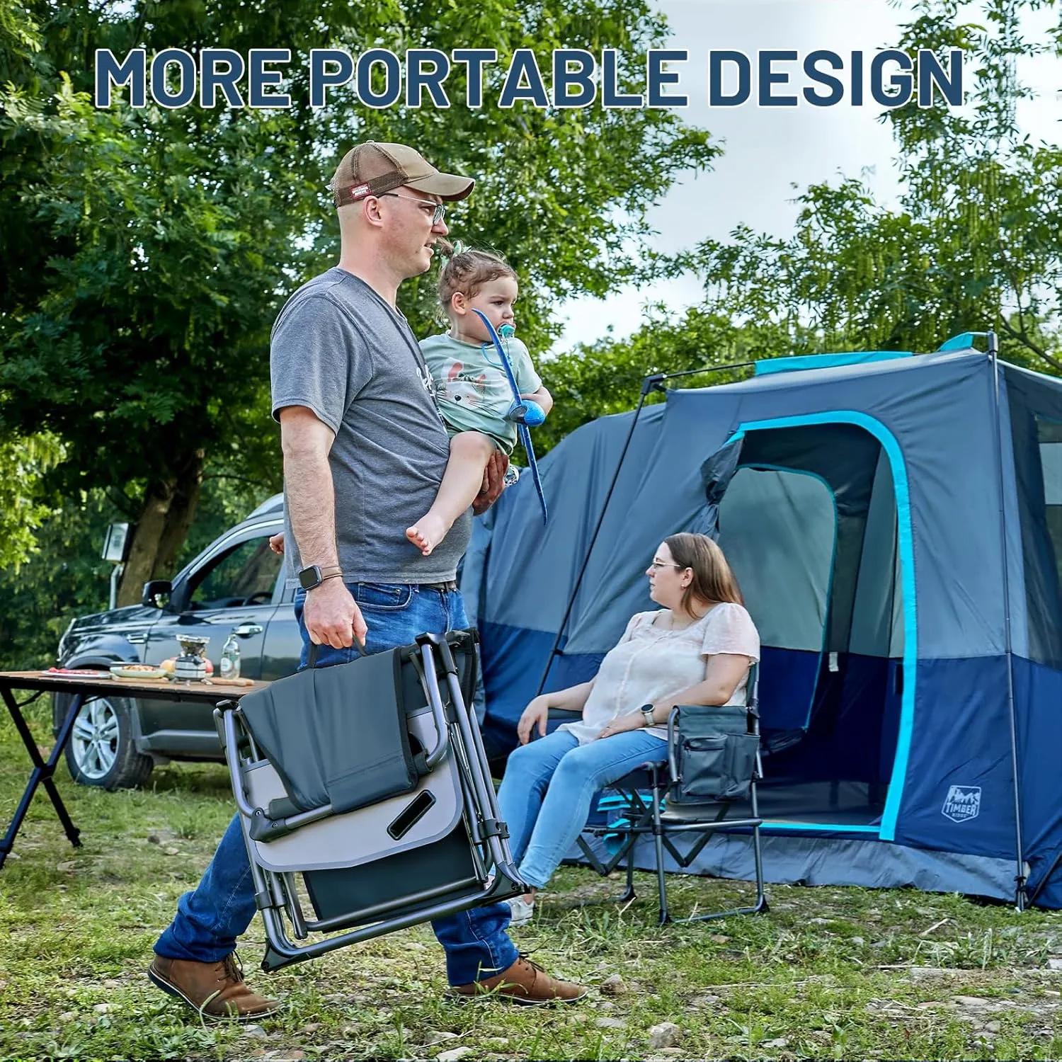 TIMBER RIDGE Heavy Duty Camping Chair with Compact Size, Portable Directors Chair with Side Table and Pocket for Camping, Lawn, Sports and Fishing, Supports Up to 400lbs, Navy 2 Pack