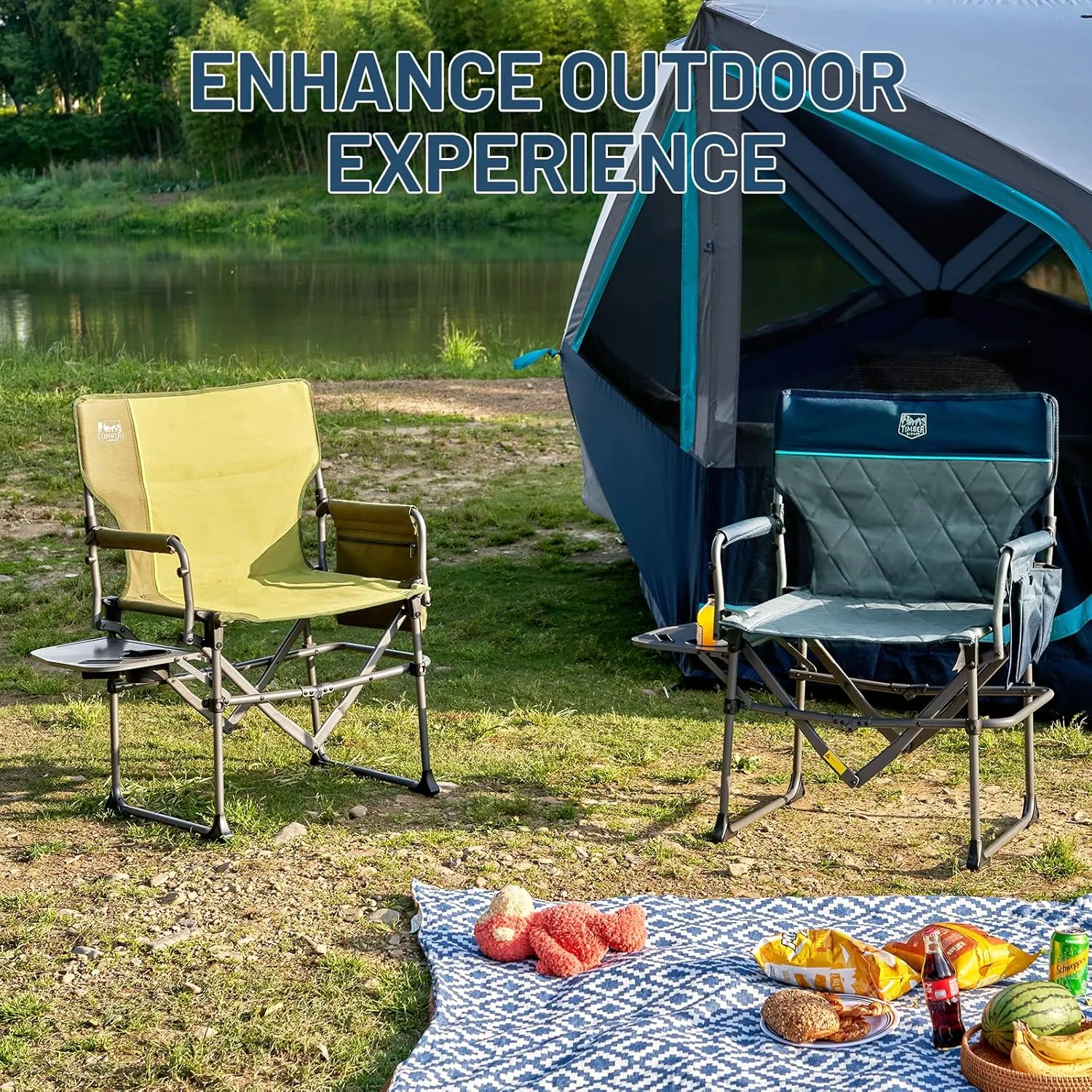 TIMBER RIDGE Heavy Duty Camping Chair with Compact Size, Portable Directors Chair with Side Table and Pocket for Camping, Lawn, Sports and Fishing, Supports Up to 400lbs, Navy 2 Pack