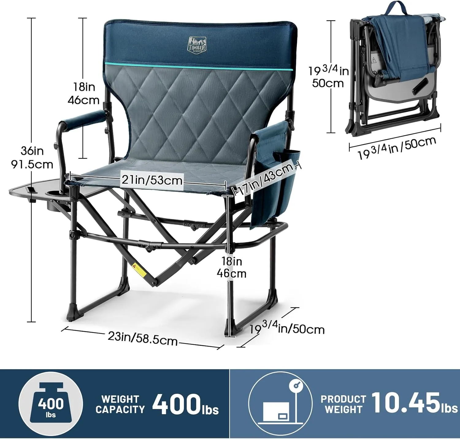 TIMBER RIDGE Heavy Duty Camping Chair with Compact Size, Portable Directors Chair with Side Table and Pocket for Camping, Lawn, Sports and Fishing, Supports Up to 400lbs, Navy 2 Pack