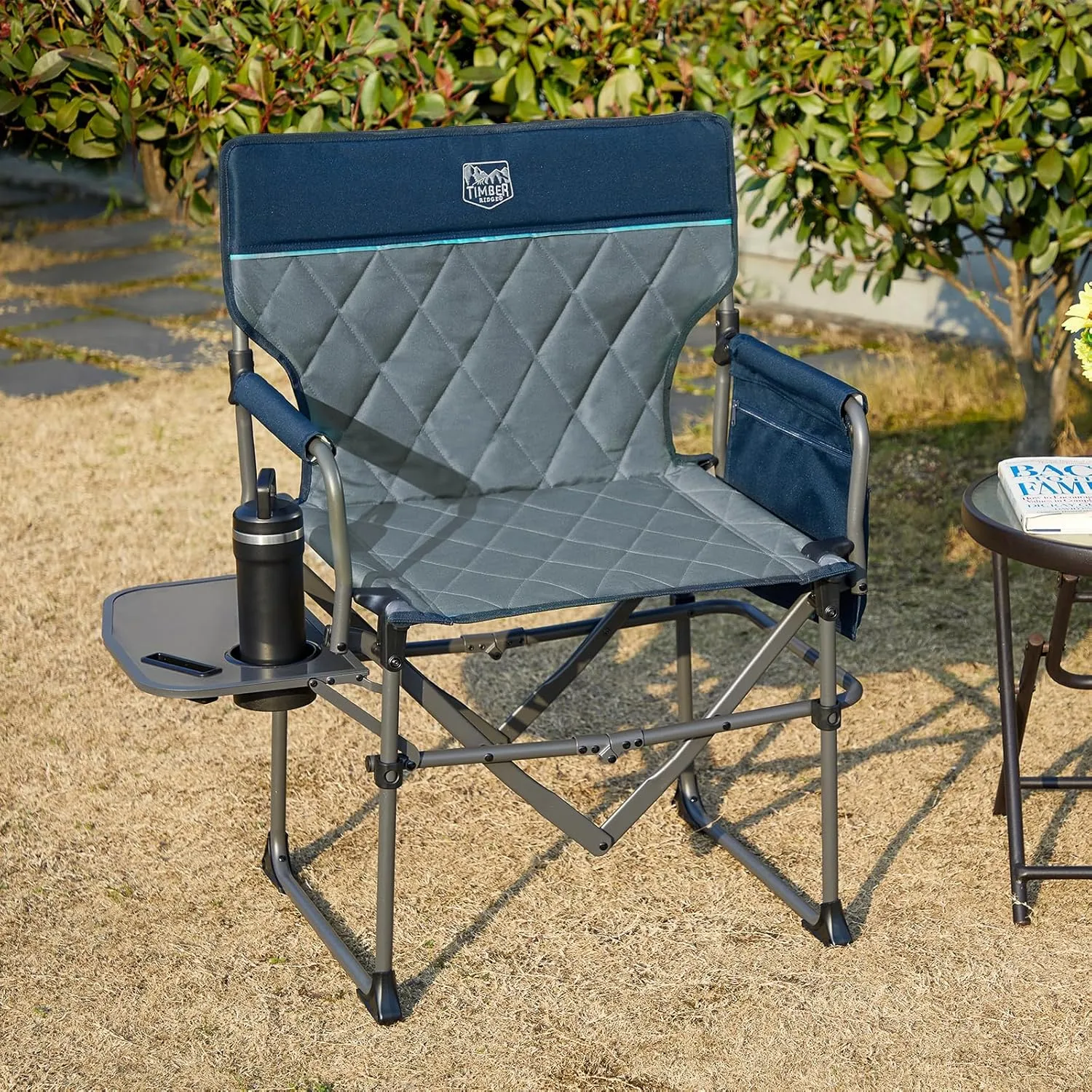 TIMBER RIDGE Heavy Duty Camping Chair with Compact Size, Portable Directors Chair with Side Table and Pocket for Camping, Lawn, Sports and Fishing, Supports Up to 400lbs, Navy 2 Pack