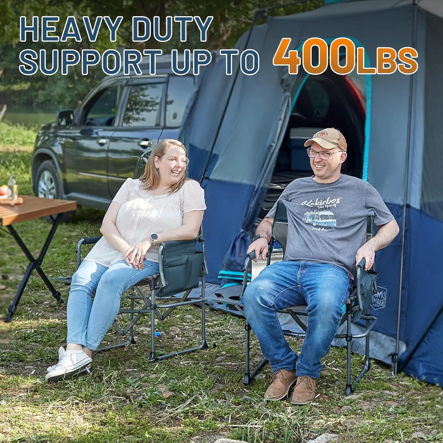 TIMBER RIDGE Heavy Duty Camping Chair with Compact Size, Portable Directors Chair with Side Table and Pocket for Camping, Lawn, Sports and Fishing, Supports Up to 400lbs, Navy 2 Pack