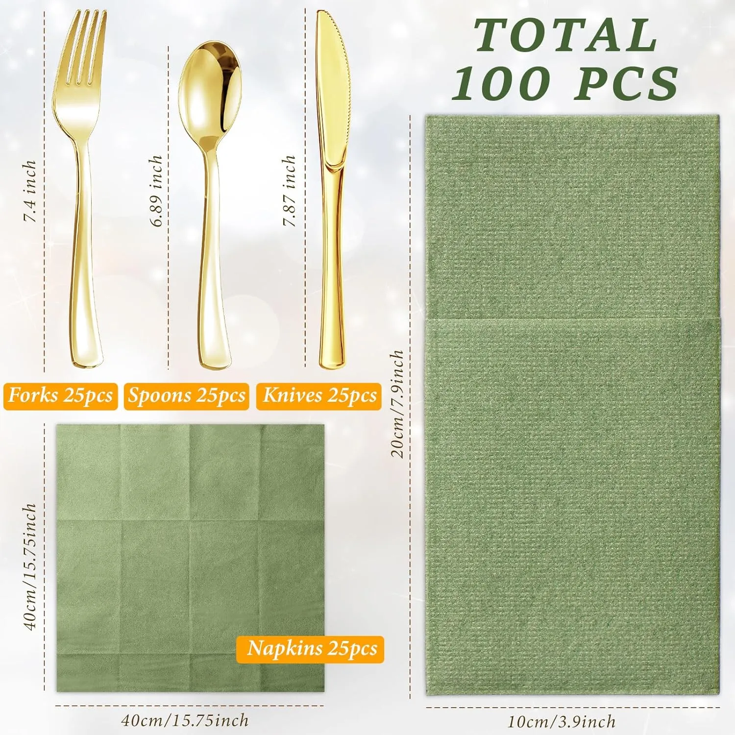 Tioncy 25 Pack Gold Plastic Silverware Set with Napkins, Linen Touch Napkins Dinner Napkin and Plastic Cutlery Set Gold Disposable Dinnerware Napkins with Forks Spoons Knives Set(Sage Green)
