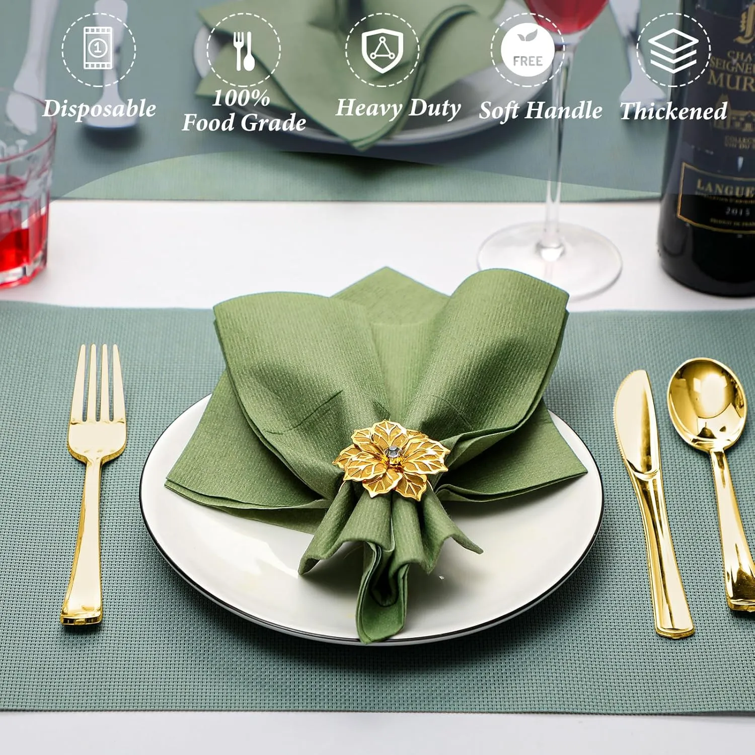 Tioncy 25 Pack Gold Plastic Silverware Set with Napkins, Linen Touch Napkins Dinner Napkin and Plastic Cutlery Set Gold Disposable Dinnerware Napkins with Forks Spoons Knives Set(Sage Green)