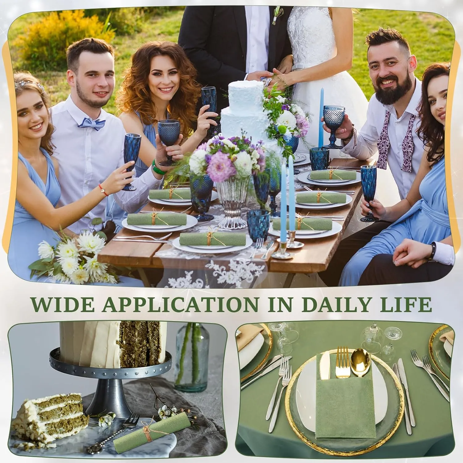 Tioncy 25 Pack Gold Plastic Silverware Set with Napkins, Linen Touch Napkins Dinner Napkin and Plastic Cutlery Set Gold Disposable Dinnerware Napkins with Forks Spoons Knives Set(Sage Green)