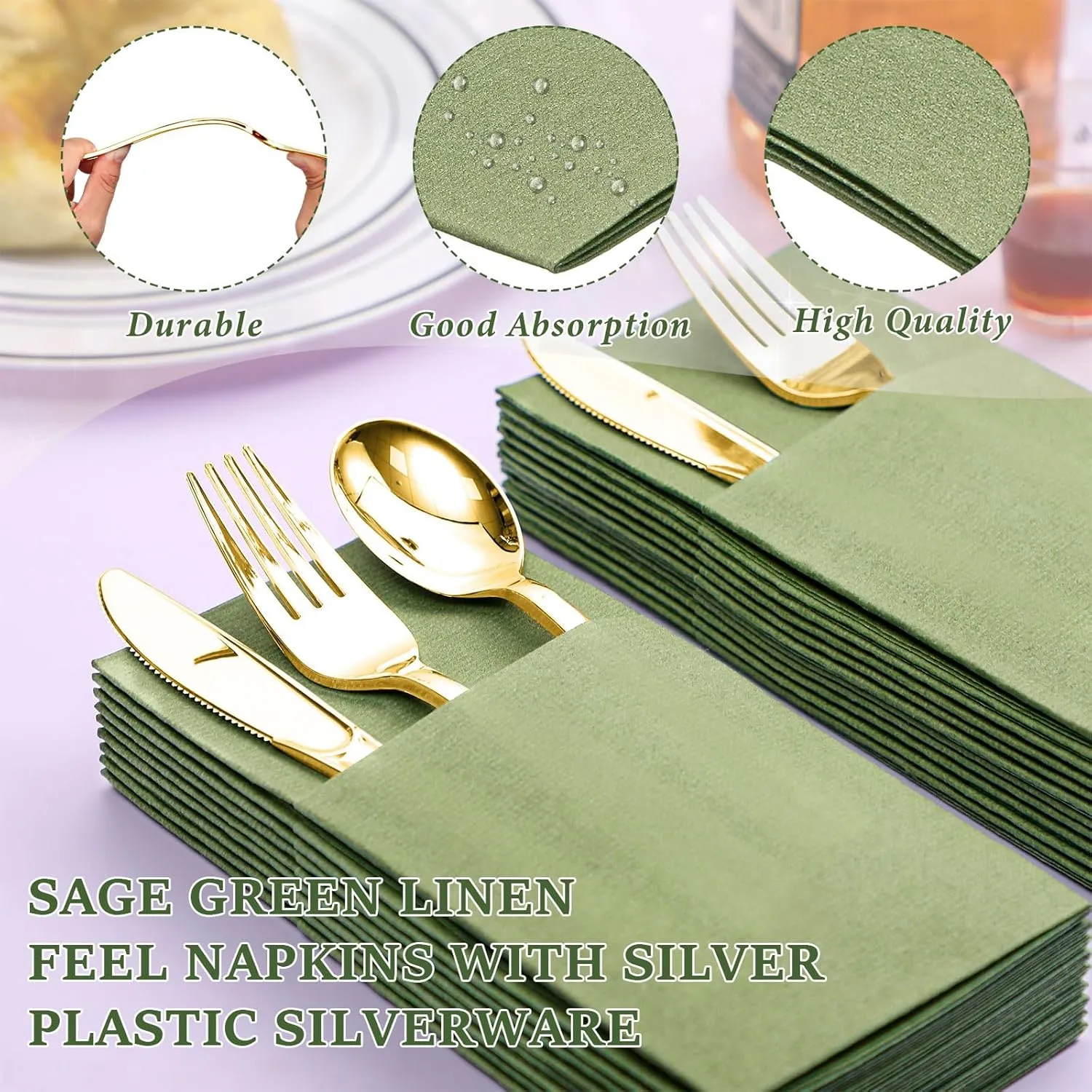 Tioncy 25 Pack Gold Plastic Silverware Set with Napkins, Linen Touch Napkins Dinner Napkin and Plastic Cutlery Set Gold Disposable Dinnerware Napkins with Forks Spoons Knives Set(Sage Green)