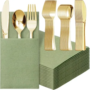 Tioncy 25 Pack Gold Plastic Silverware Set with Napkins, Linen Touch Napkins Dinner Napkin and Plastic Cutlery Set Gold Disposable Dinnerware Napkins with Forks Spoons Knives Set(Sage Green)