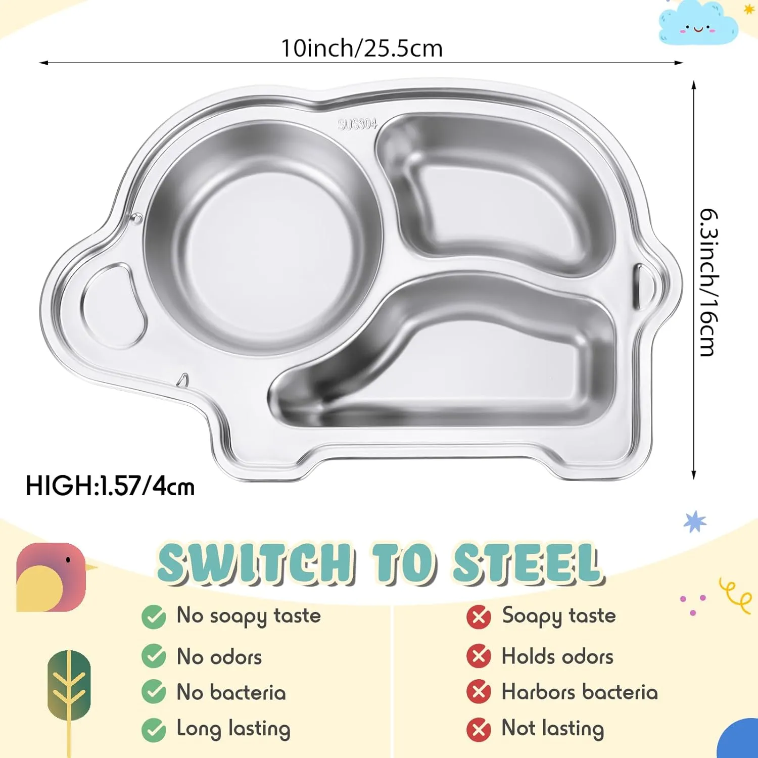 Tioncy 6 Pcs Stainless Steel Kids Plates 3 Sections Divided Unbreakable Dinner Plates Cute Elephant Shape bowls for Babies, Toddlers and Kids Lunch, Portion Control, Camping