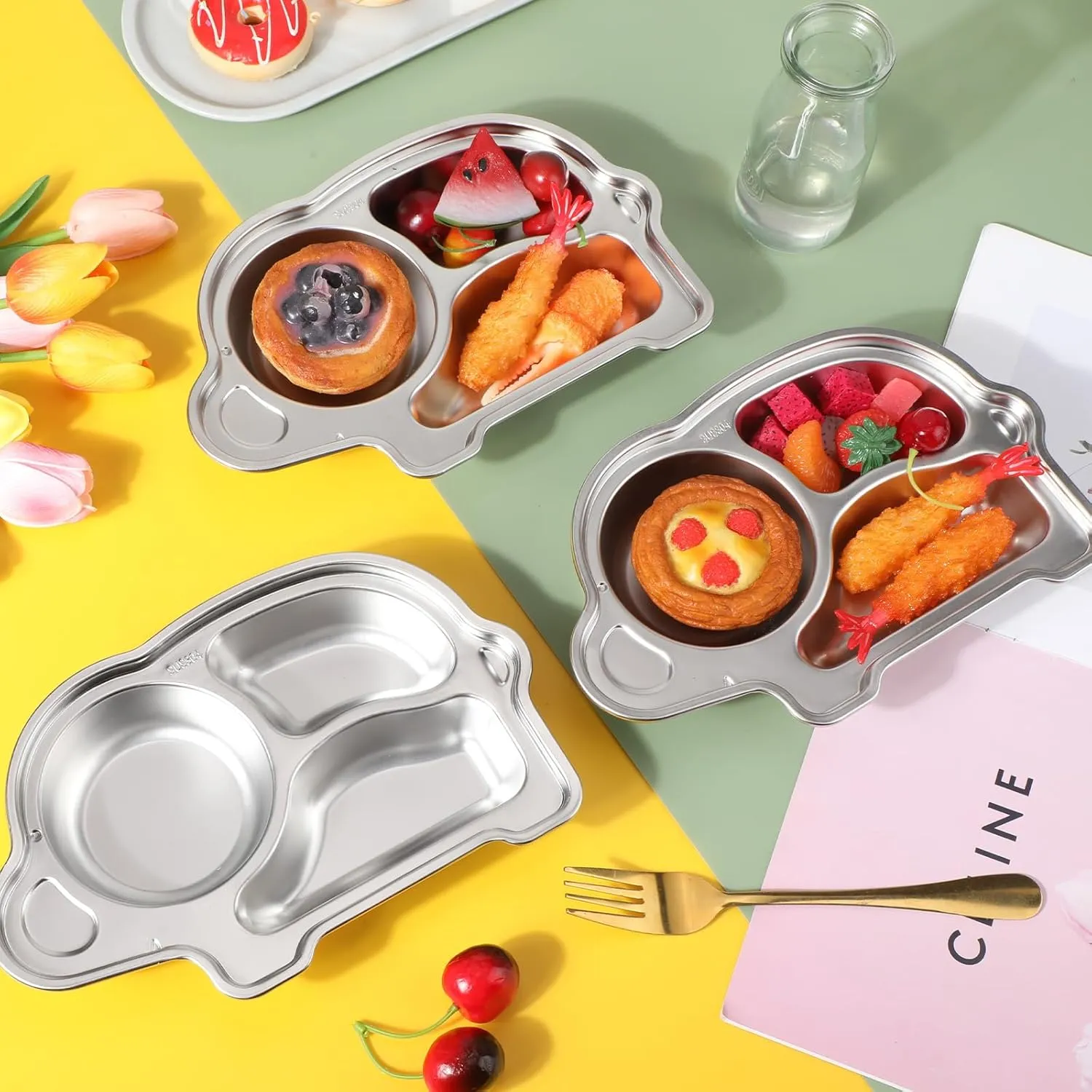 Tioncy 6 Pcs Stainless Steel Kids Plates 3 Sections Divided Unbreakable Dinner Plates Cute Elephant Shape bowls for Babies, Toddlers and Kids Lunch, Portion Control, Camping