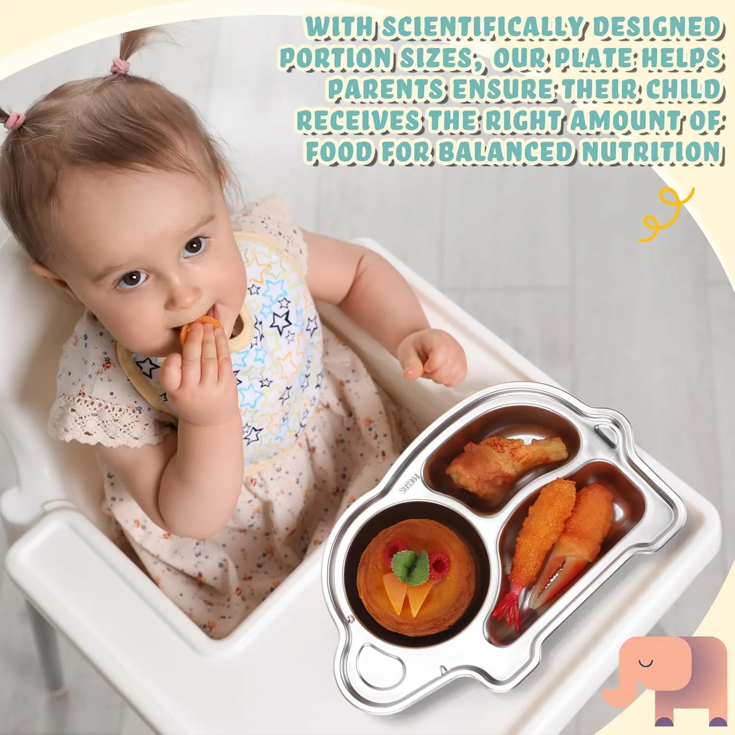 Tioncy 6 Pcs Stainless Steel Kids Plates 3 Sections Divided Unbreakable Dinner Plates Cute Elephant Shape bowls for Babies, Toddlers and Kids Lunch, Portion Control, Camping