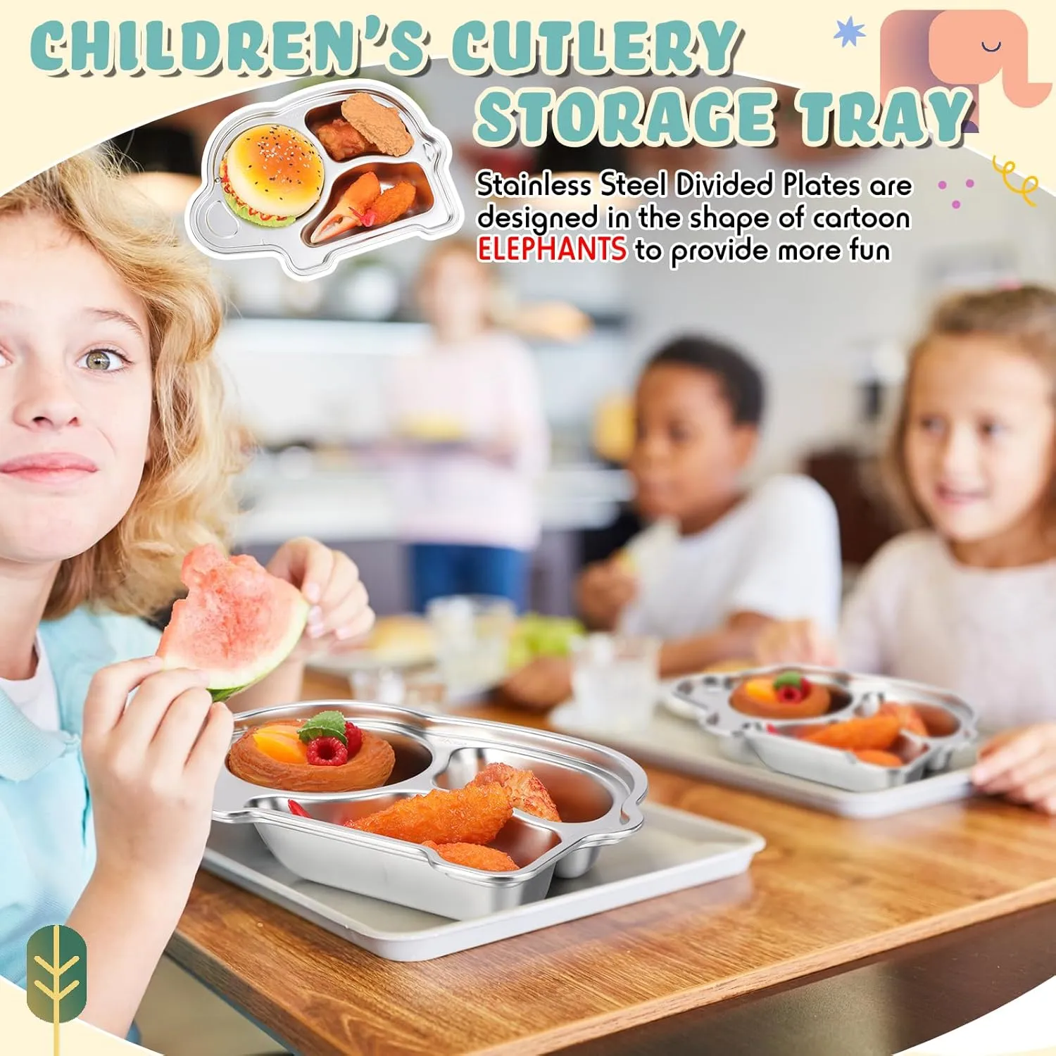 Tioncy 6 Pcs Stainless Steel Kids Plates 3 Sections Divided Unbreakable Dinner Plates Cute Elephant Shape bowls for Babies, Toddlers and Kids Lunch, Portion Control, Camping