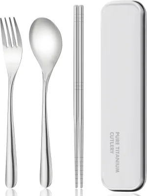 Titanium cutlery set, travel cutlery with box, including titanium fork, chopsticks and spoon, packed in a handbag, portable, suitable for school, work, picnic, camping use