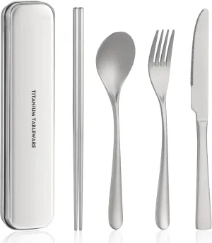 Titanium utensil travel set, portable lunch silverware set with box, including titanium chopsticks, spoon, fork, knife, reusable, suitable for, office, and outdoor dining (Titanium gray 4-piece set)