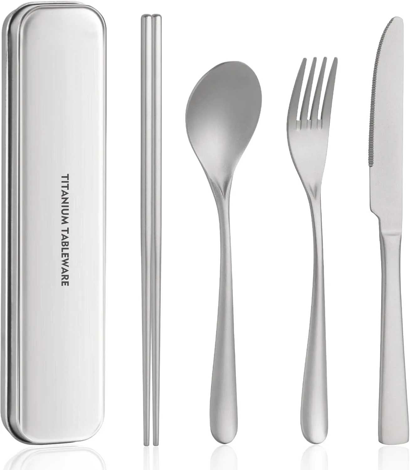 Titanium utensil travel set, portable lunch silverware set with box, including titanium chopsticks, spoon, fork, knife, reusable, suitable for, office, and outdoor dining (Titanium gray 4-piece set)