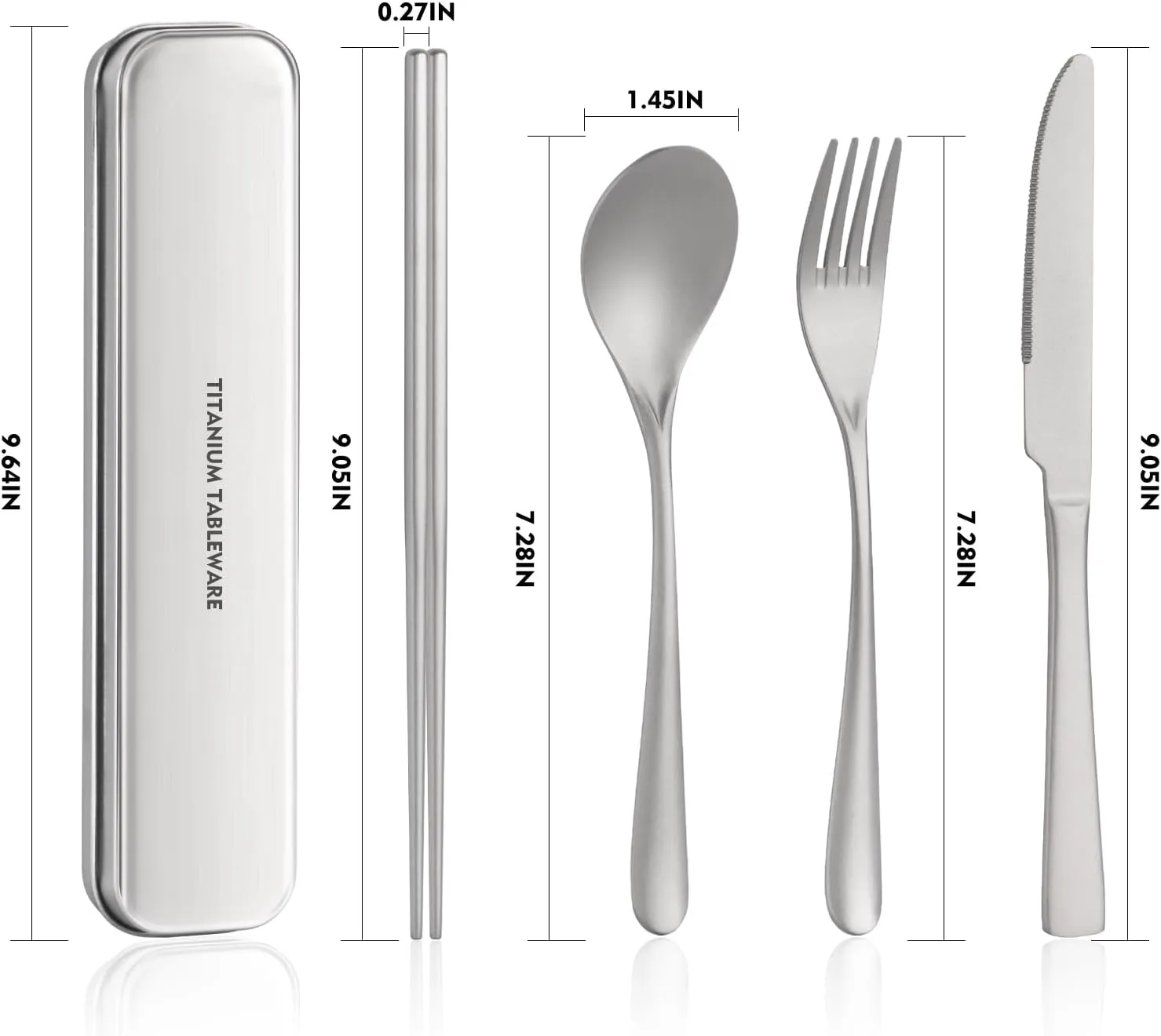 Titanium utensil travel set, portable lunch silverware set with box, including titanium chopsticks, spoon, fork, knife, reusable, suitable for, office, and outdoor dining (Titanium gray 4-piece set)