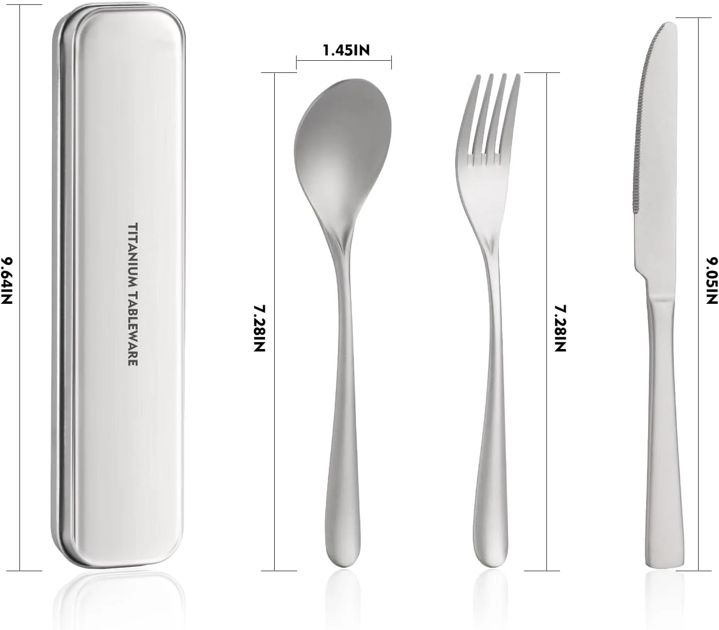 Titanium utensil travel set, portable lunch silverware set with box, including titanium spoon, fork, knife, reusable, suitable for, office, and outdoor dining (Titanium gray 3-piece set)