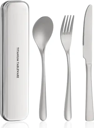 Titanium utensil travel set, portable lunch silverware set with box, including titanium spoon, fork, knife, reusable, suitable for, office, and outdoor dining (Titanium gray 3-piece set)