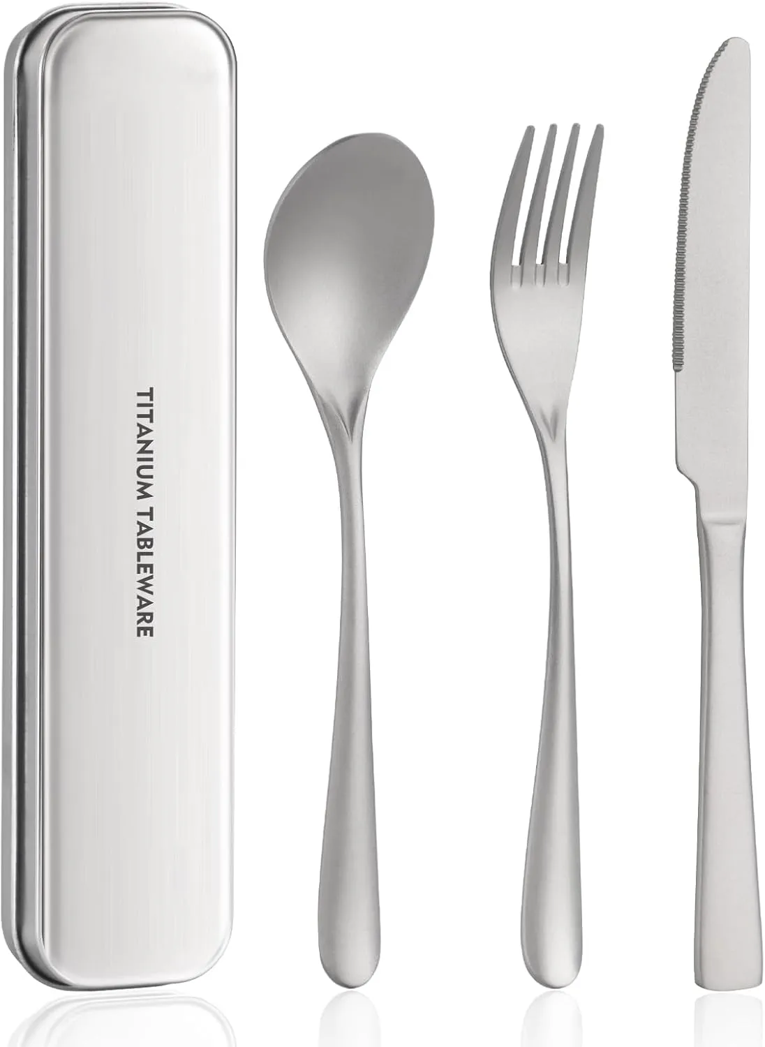 Titanium utensil travel set, portable lunch silverware set with box, including titanium spoon, fork, knife, reusable, suitable for, office, and outdoor dining (Titanium gray 3-piece set)