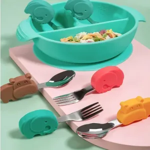Toddler Stainless Steel Dinnerware Set: Spoon & Fork Feeding Utensils for Kids, Cartoon Infant Tableware Accessories