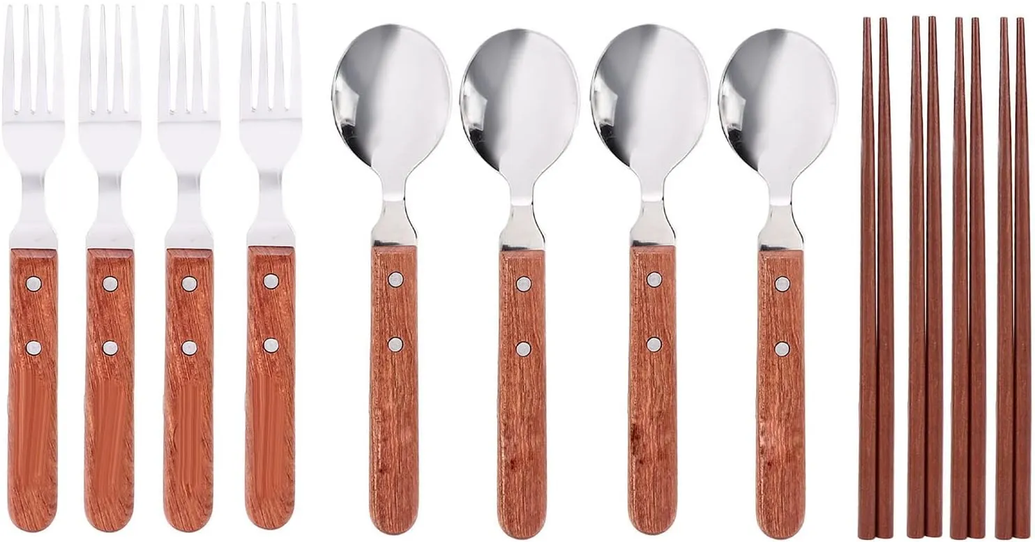 Topyond 12 Pcs Portable Travel Utensils, Camping Utensil Set, Stainless Steel Wooden Handle Tableware Set with 4 Person Spoons Forks Chopsticks for Camping
