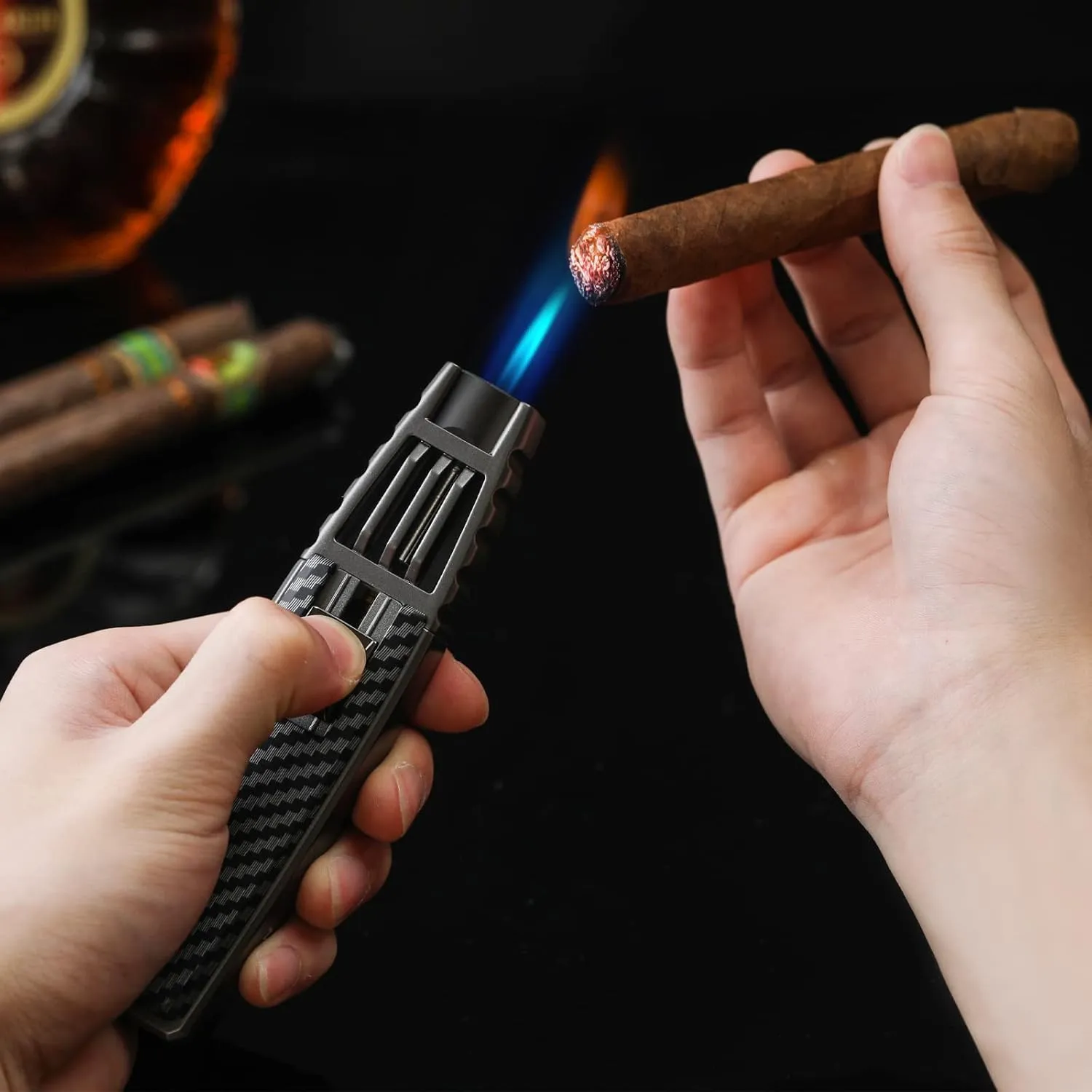 Torch Lighter， Butane Lighters，Refillable Torch Lighter，Windproof Butane Refillable Gas Long Lighter (Butane Gas Not Included) (Black-700)