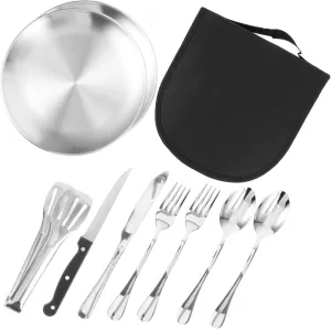 Totority 1set Camping Tableware Set Stainless Steel Cutlery Kit for Outdoor Adventures Portable Dinnerware for Picnic Travel Camping Reusable Travel Utensils Easy Storage Use