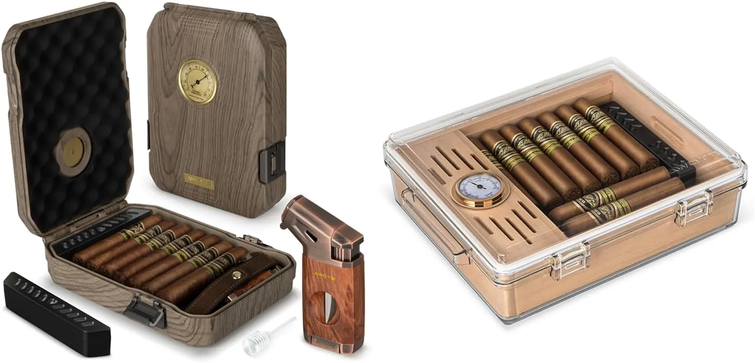 Travel Cigar Humidor Case - Acrylic Cigar Humidor, Cedar Lined, V Cut Cutter, Portable Cigar Humidor with Humidifier & Hygrometer, Cigar Accessories for Gifts, Cigar not Included
