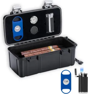 Travel Cigar Humidor for 15 Counts with Spanish Cedar Sheet, Accessory Kit, Cutter & Lighter, Hygrometer & Humidifier, Crushproof Sponges, Waterproof Portable Cigar Case, Gift for Men