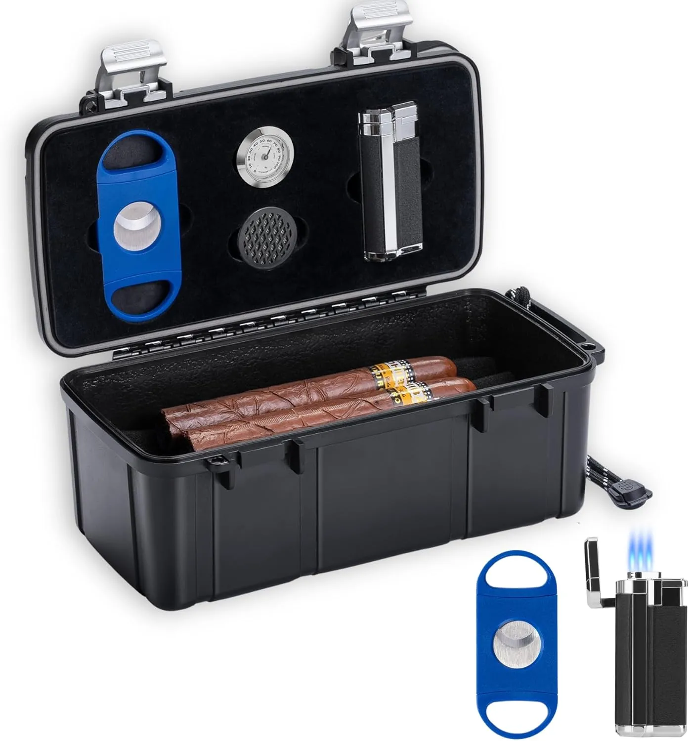 Travel Cigar Humidor for 15 Counts with Spanish Cedar Sheet, Accessory Kit, Cutter & Lighter, Hygrometer & Humidifier, Crushproof Sponges, Waterproof Portable Cigar Case, Gift for Men