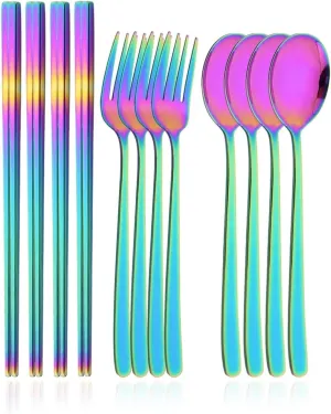 travel utensils 12Pcs Tableware Set Stainless Steel Dinner Set Gold Dinnerware Fork Spoon Chopsticks Flatware Cutlery Set(Rainbow)