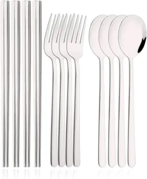 travel utensils 12Pcs Tableware Set Stainless Steel Dinner Set Gold Dinnerware Fork Spoon Chopsticks Flatware Cutlery Set(Silver)