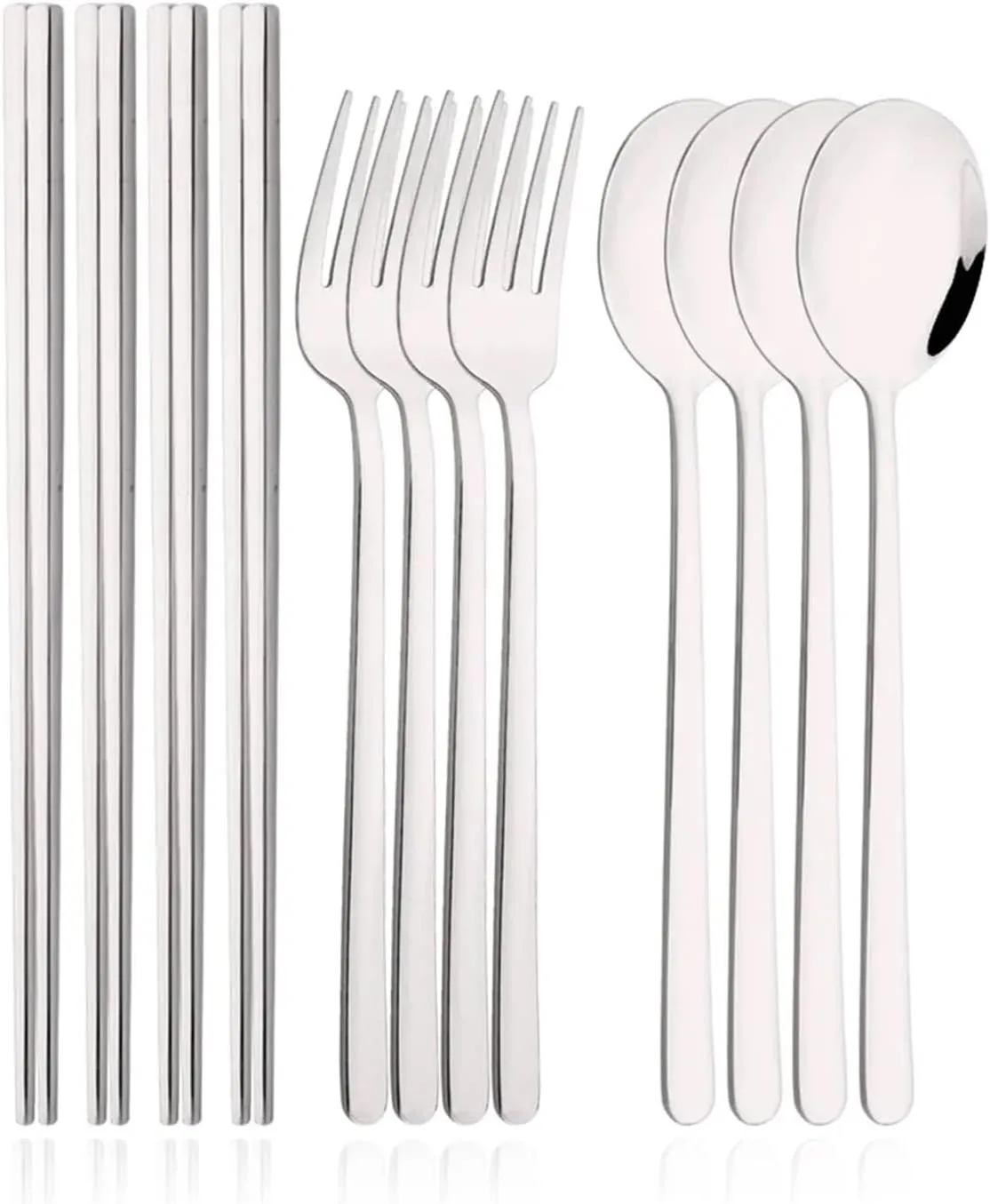 travel utensils 12Pcs Tableware Set Stainless Steel Dinner Set Gold Dinnerware Fork Spoon Chopsticks Flatware Cutlery Set(Silver)