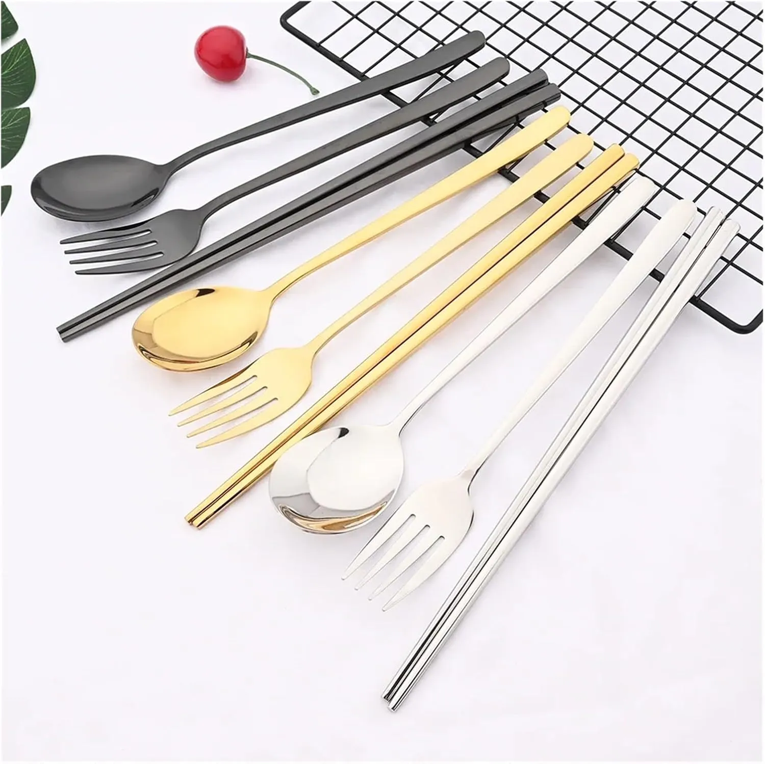 travel utensils 12Pcs Tableware Set Stainless Steel Dinner Set Gold Dinnerware Fork Spoon Chopsticks Flatware Cutlery Set(Silver)