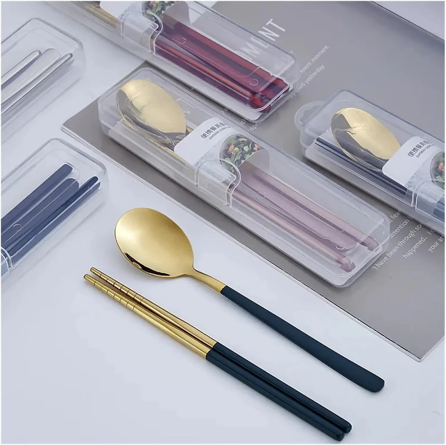 travel utensils 304 Stainless Steel Portable Tableware Set Chopsticks Spoon Outdoor Single Tableware(Green)