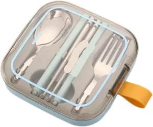 travel utensils 3pcs Foldable Stainless Steel Cutlery Set Removable with Square Box Flatware Set(Blue flower)