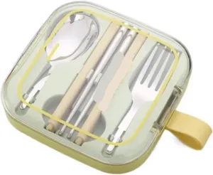 travel utensils 3pcs Foldable Stainless Steel Cutlery Set Removable with Square Box Flatware Set(Green)