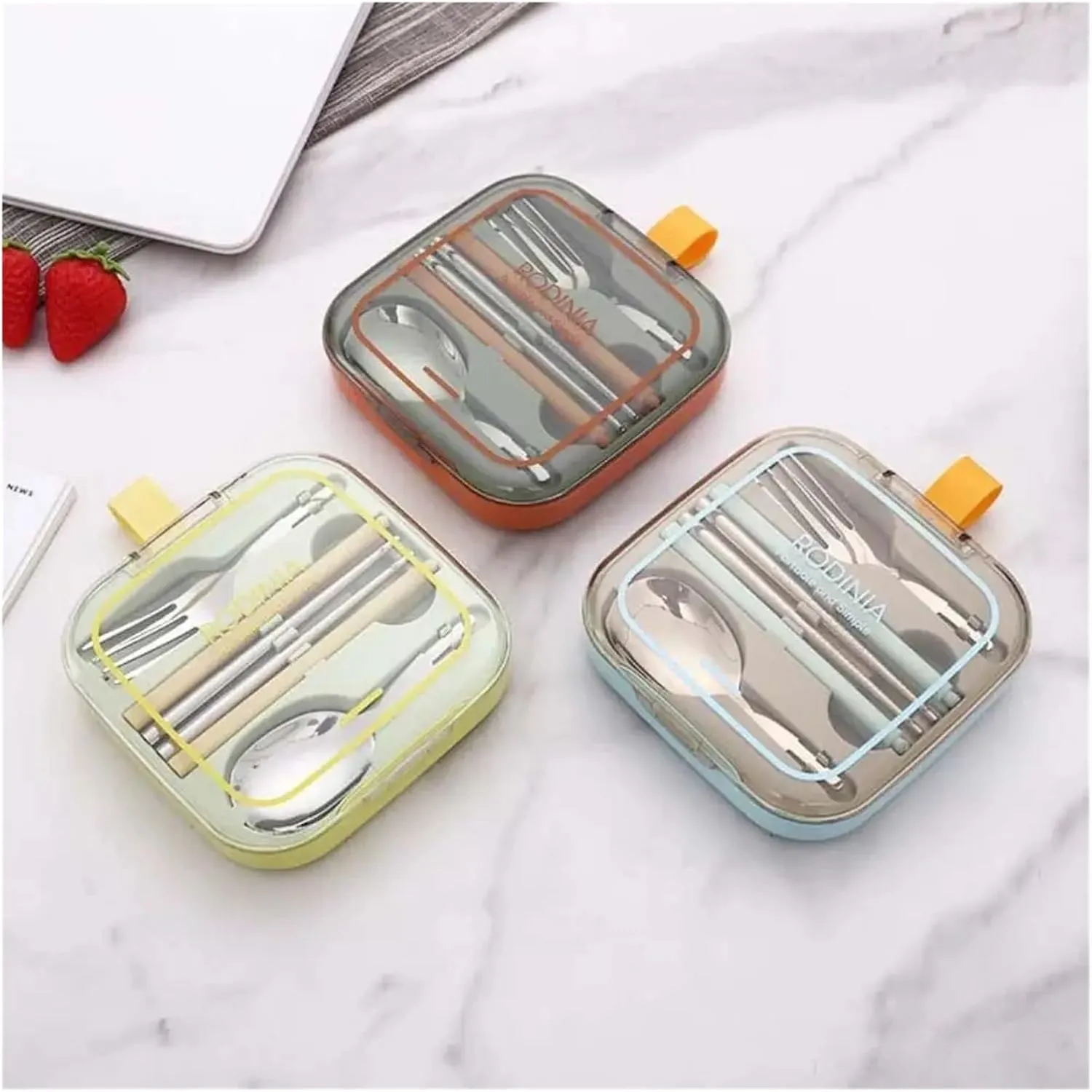 travel utensils 3pcs Foldable Stainless Steel Cutlery Set Removable with Square Box Flatware Set(Green)