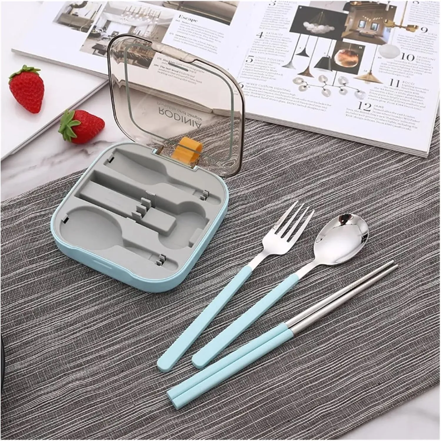 travel utensils 3pcs Foldable Stainless Steel Cutlery Set Removable with Square Box Flatware Set(Green)