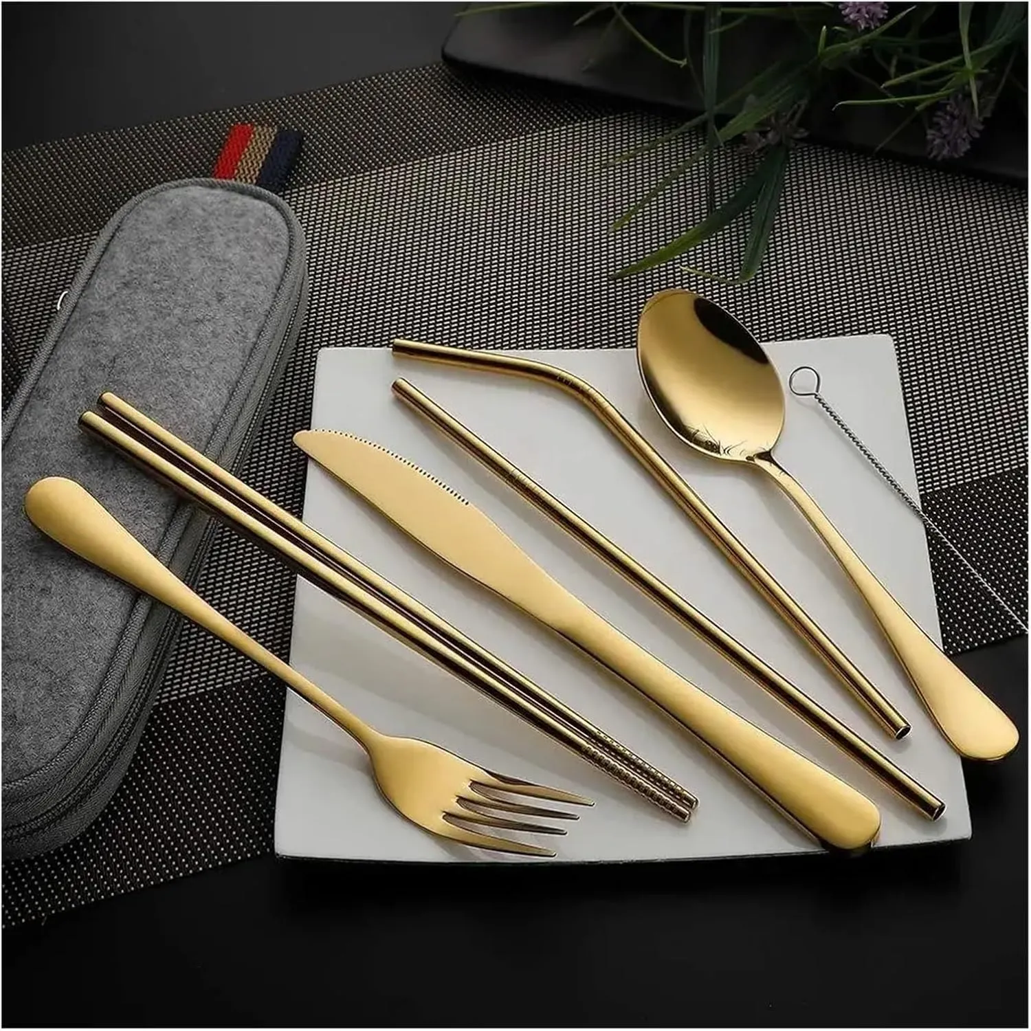 travel utensils 8Pcs Tableware Reusable Travel Cutlery Set with stainless steel Spoon Fork Chopsticks Straw Portable case(Silver)