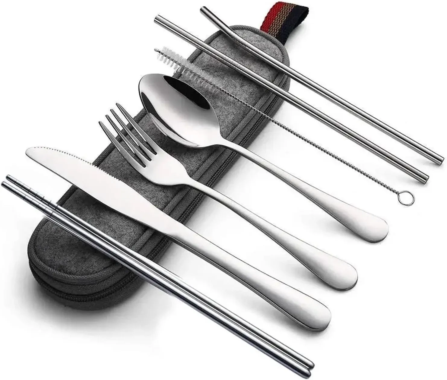 travel utensils 8Pcs Tableware Reusable Travel Cutlery Set with stainless steel Spoon Fork Chopsticks Straw Portable case(Silver)