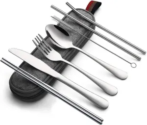 travel utensils 8Pcs Tableware Reusable Travel Cutlery Set with stainless steel Spoon Fork Chopsticks Straw Portable case(Silver)