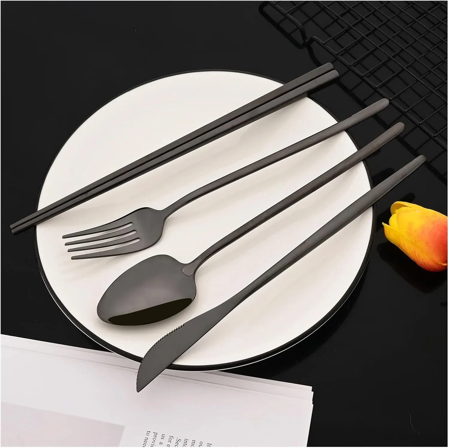 travel utensils 8Pcs Tableware Set Stainless Steel Dinner Set Dinnerware Spoon Chopsticks Cutlery Set(Black)