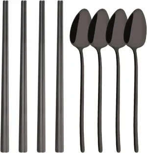 travel utensils 8Pcs Tableware Set Stainless Steel Dinner Set Dinnerware Spoon Chopsticks Cutlery Set(Black)